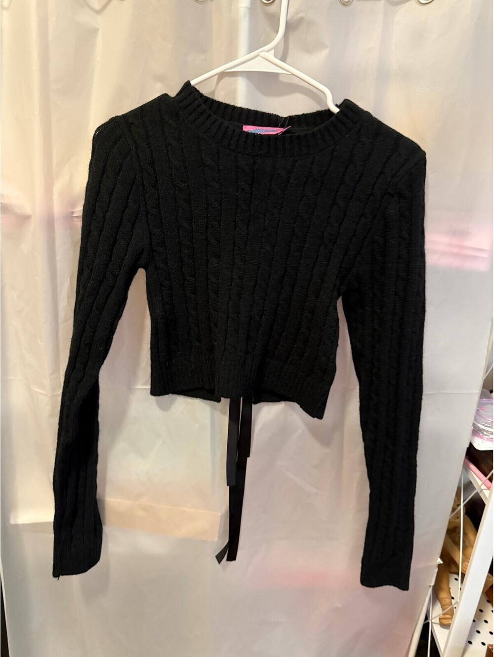 Edikted Black Cable Knit Cropped Sweater with Ribbon Detail Size S